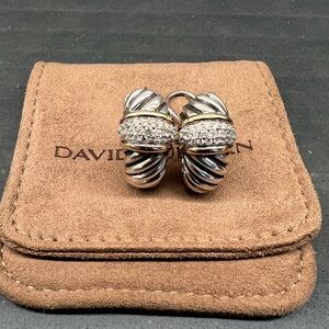 David Yurman Twisted Silver and Gold Earrings with Diamonds